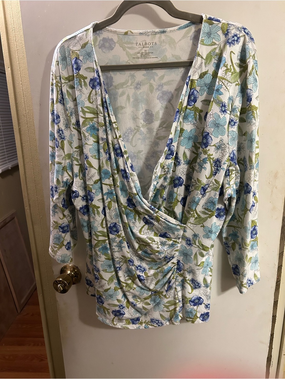 Talbots White Floral V-Neck Wrap Blouse with Blue and Green Print